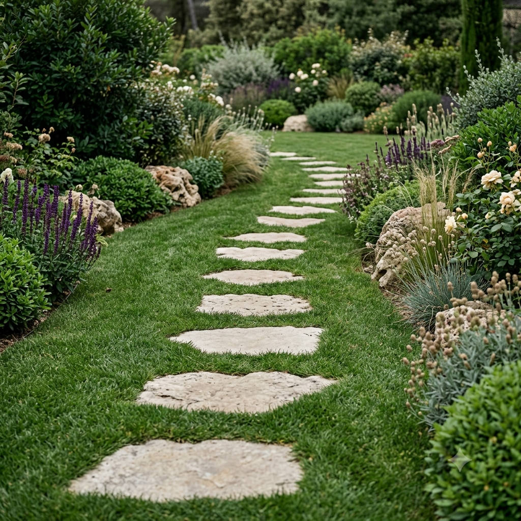 Aménagement d'un jardin arboré avec allée en pas japonais