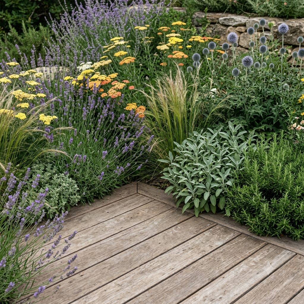 Terrasse en bois entourée de massifs fleuris