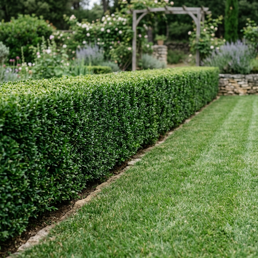 Haie de jardin taillée et pelouse entretenue